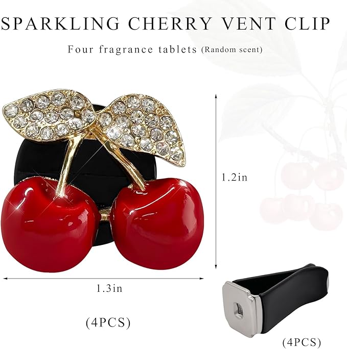 4PCS Cherry Car Air Vent Freshener Perfume Clip, Rhinestone Vehicle A/C Outlet Clips Bling Charm with Scented Pads, Sparkly Diamond Vent Clamp Cute Cherry Decoration for Women