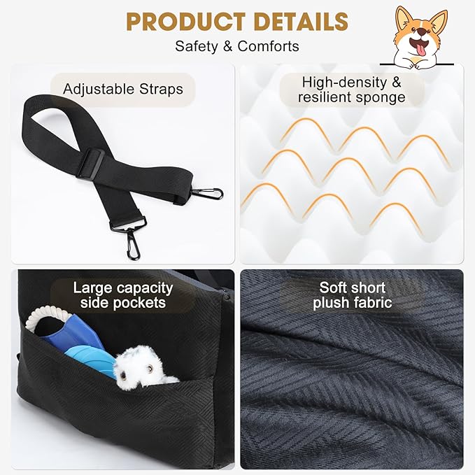 JOEJOY Dog Car Seats for Small Medium Dogs Under 35lbs, Dog Booster Seat with Detachable Washable Cover and Cushion, Memory Foam Pet Car Seat with Safety Belt and Storage Pockets (DG)