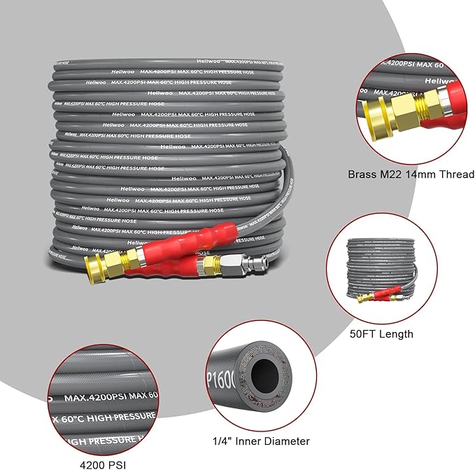 Pressure Washer Hose 50ft, 4200PSI Wire Braid Power Washer Extension Hose 1/4 Inch High Tensile, Flexible Kink Resistant Heavy Duty Replacement Hose with 3/8 Quick Connect