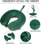 Neck Pillow for Travel Memory Foam - Travel Pillows for Sleeping Airplane with Attachable Snap Strap Soft Washable Cover, Flight Pillow for Traveling, Car, Provide Head Neck Support Dark Green