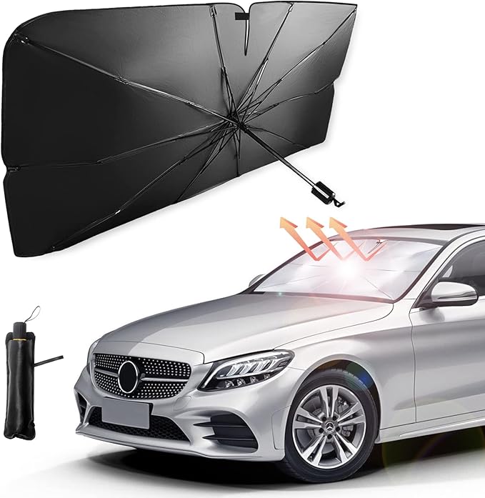Car Windshield Sun Shade Umbrella, Reflective Sunshade for Front Window Blocks UV Rays Heat Keep Vehicle Cool, Foldable Shade Front Windshield Car Accessories Interior (55x31 Inches)