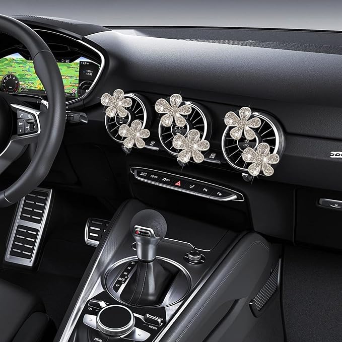 Bling Flower Air Vent Clips, 6 Pcs Cute Daisy Air Fresheners, Diffuser With Rhinestone Interior Decoration Charm, Diamond Decor Accessories for Women Girls