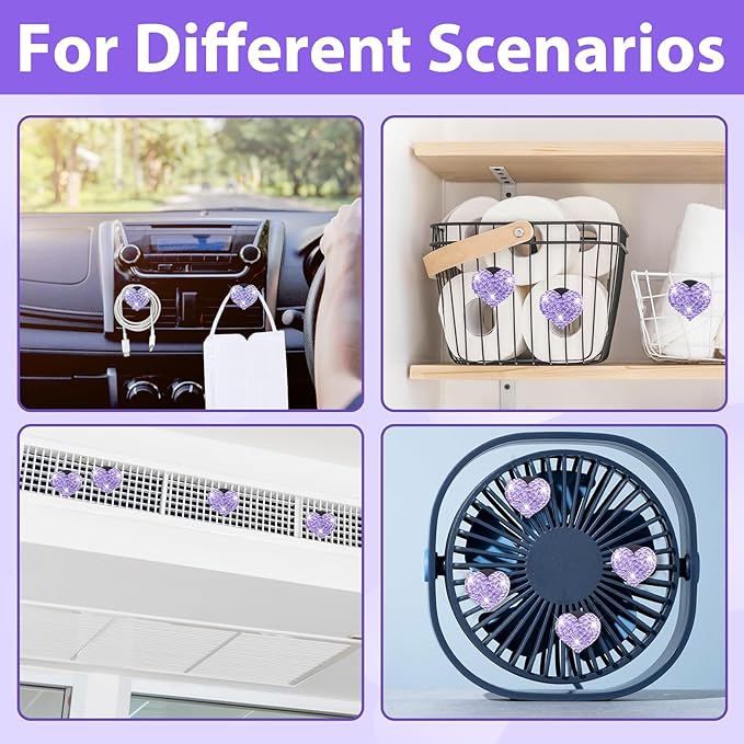 4Pcs Bling Heart Air Vent Clips, Universal Car Air Conditioning Fresh Clip, Sparkling Heart Car Vent Clips, Decorative Purple Cars Accessories for All Vehicles