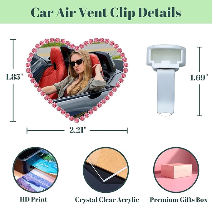 Personalized Car Air Freshener with Photo – Custom Rhinestone Vent Clip & Heart-Shaped Acrylic Picture Frame for Car Interior Decoration Accessories (Red, One Size)