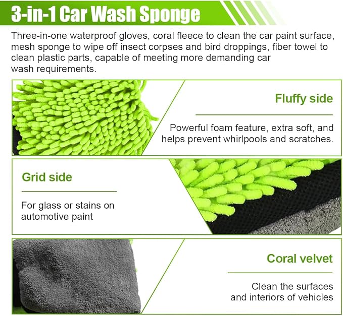 Collapsible Bucket with 3-in-1 Car Wash Mitt, Multiuse 10L Portable Plastic Bucket with Handle, Coral Velvet & Chenille Wash Mitt, Car Cleaning Kit for Vehicle, Household