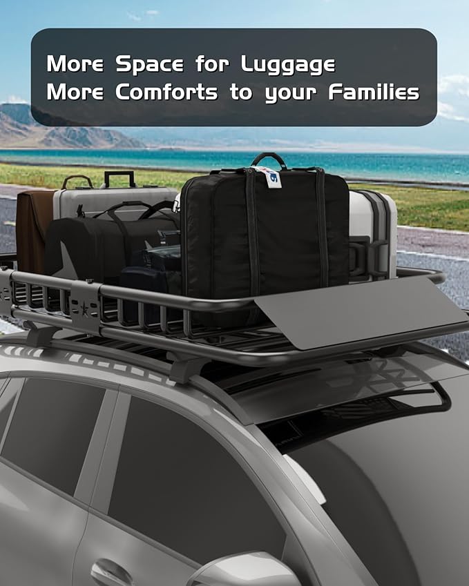 DEXSO 46" x 36" Universal Roof Rack Carrier Basket, 200 Lbs Capacity Roof Cargo Basket with Extension Luggage Holder Basket Heavy Duty for SUVs, Trucks, Vehicles