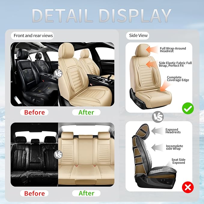 Fit Tucson Premium Leather Car Seat Covers Compatible with Hyundai Tucson 2010-2026, Breathable, Wear Resistant, Airbag Compatible, All-Weather Protection & Full Coverage, 2 Front Seat Beige
