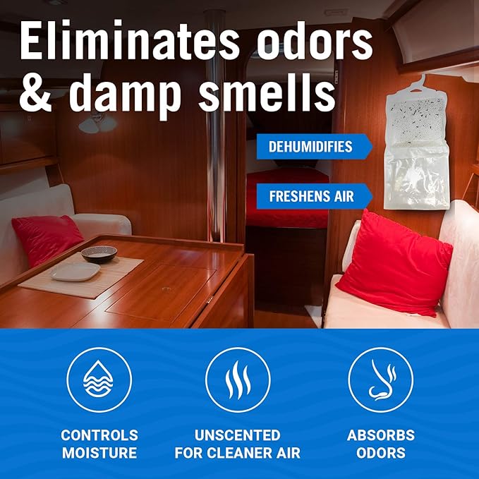 4 Pack Moisture Absorber Hanging Bags, Boat Dehumidifier with Charcoal, Unscented, Removes Dampness and Musty Odors, Ideal for Basement, Closet, Home, Car, RV, and Boating