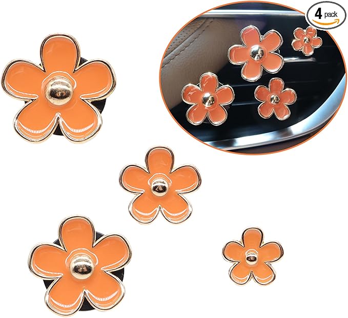 Orange Car Accessories,4pcs Coral Flowers Air Vent Clips,Refillable Car Air freshener,Girly 4 Size Sparkle Daisy Vent Clips