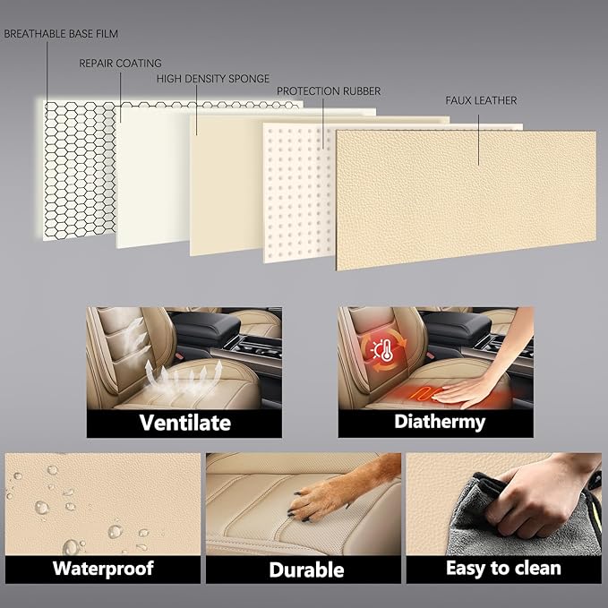 Full Coverage Faux Leather Car Seat Covers Full Set,Automotive Seat Covers for Cars,SUVs Pick-up Truck, Car Seat Cushion, Beige Seat Covers for 5 Seats,Car Seat Protector