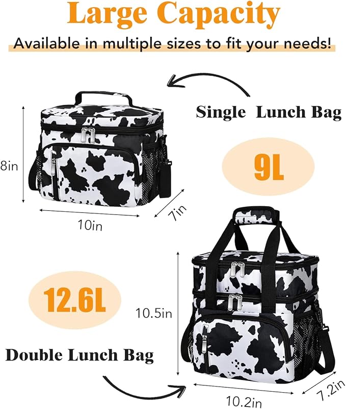Insulated Lunch Bag for Men & Women, 9L Leakproof Lunch Box Soft Cooler Tote with 5 Pockets, 600D Oxford, EVA Lining, Adjustable Strap for Work, Picnic, Beach&Travel-Cow Print
