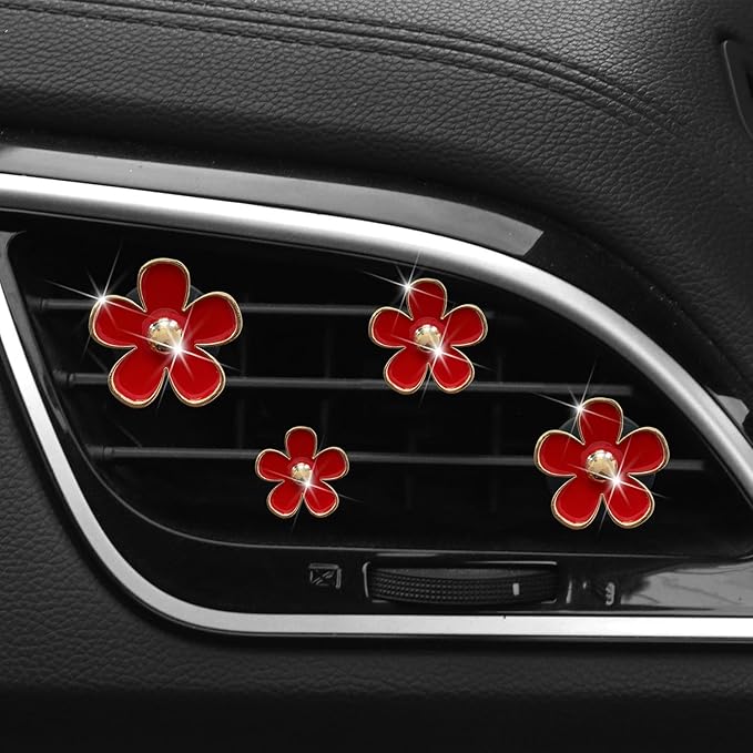 4Pcs Car Accessories Daisy Flowers Cars Air Freshener Vent Clips,4 Sizes Cute Car Flowers,Clips,Girly Women Flowers Cars Accessories,Refillable,Diffuser Air Fresheners Accessories (Red)