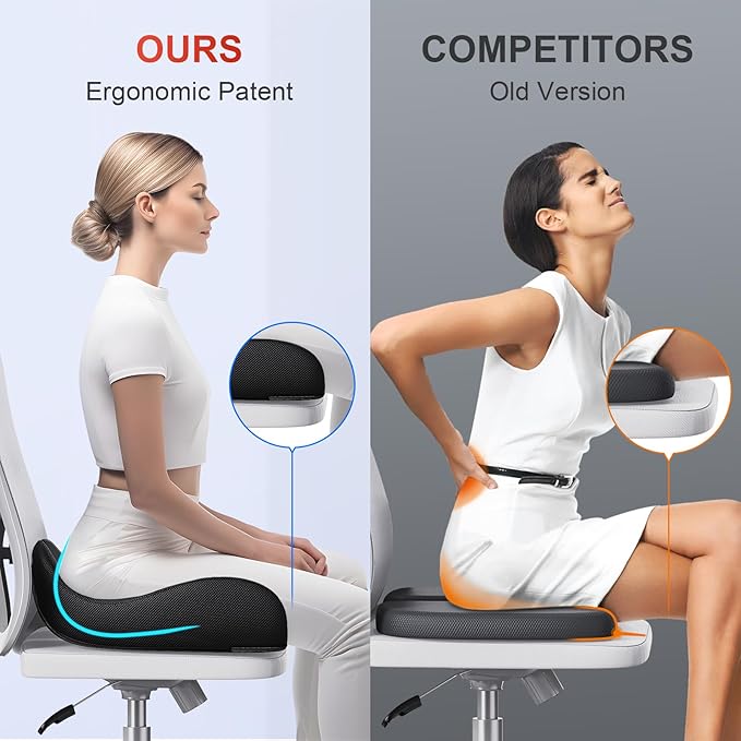 Benazcap Medium Large Memory Seat Cushion for Office Chair Ergonomic Cushions Pad Pillow for Pressure Relief Sciatica & Pain Relief Memory Foam for Long Sitting for Gaming Chair and Car Seat Black