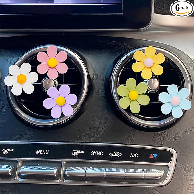 Whaline 6Pcs Daisy Flower Car Air Vent Clips with Fragrance Pads Colorful Floral Car Air Freshener Air Conditioning Outlet Clip Cute Cars Accessories Car Interior Decor