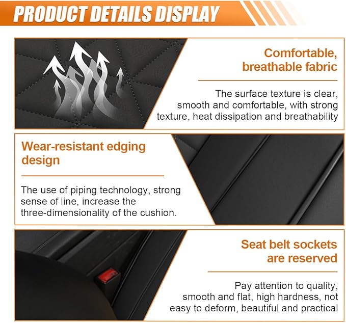 Luxury Faux Leather Car Seat Cover, Anti-Slip Waterproof Universal Front Bottom Seat Protector with Storage Pocket, Triangular Pattern Vehicle Seats Cushion for Sedans, SUVs, Trucks (Black)