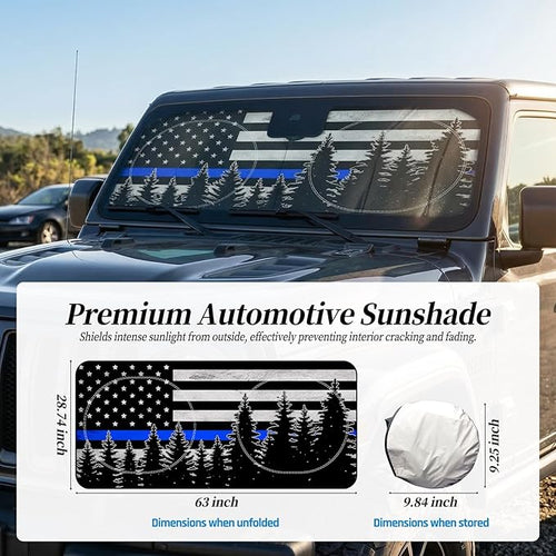 63"x28.5" Car Windshield Sun Shade with Storage Pouch, Stylish Printed Front Window Sunshade with Double Ring Frame, Universal Fit Foldable Heat Blocker & UV Protector for SUV, Sedan (Blue Line Flag)