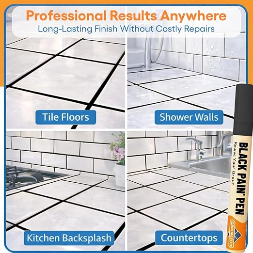 Black Grout Paint Pen Tile Grout Colorant & Sealer Marker, Quick-Dry, Ideal for Bathroom, Shower, Kitchen Tiles Restores Grout Lines, 3 Adjustable Tips (2-3 mm) 2 Pack