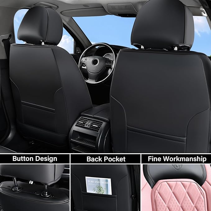Coverado Leather Seat Covers, Car Seat Covers Full Set, Waterproof Faux Leather Pink & Black Seat Covers, Car Seat Protectors 5 Seats, Automotive Seat Covers Universal Fit for Most Cars SUV Trucks