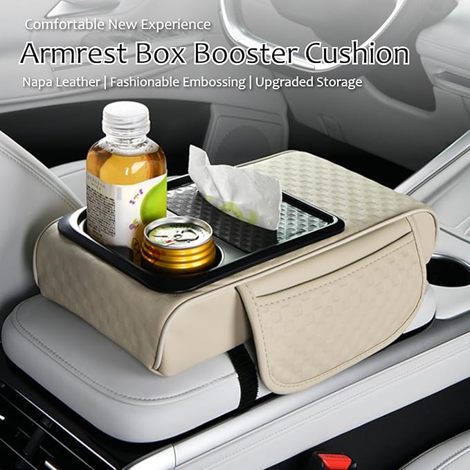 Car Center Console Armrest Pad, Arm Rest Box Cushion with Ergonomic Height Boost, Storage Pockets, Built-in Tissue Box, Cupholder, Fit for Most Sedan Vehicles (Embossing Checkerboard, Beige)