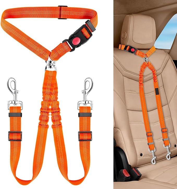Removable Dog Seat Belt Harness for Car, 3 in 1 Pet Car Seatbelt Leash, Retractable Restraint Secures to Vehicle Headrest & Adjustable Reflective Dog Seatbelt Tether (Orange, Size 2)