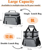 Insulated Lunch Bag for Men & Women, Double Leakproof Lunch Box Soft Cooler Tote with 5 Pockets, 600D Oxford, EVA Lining, Adjustable Strap for Work, Picnic, Beach&Travel-Grey