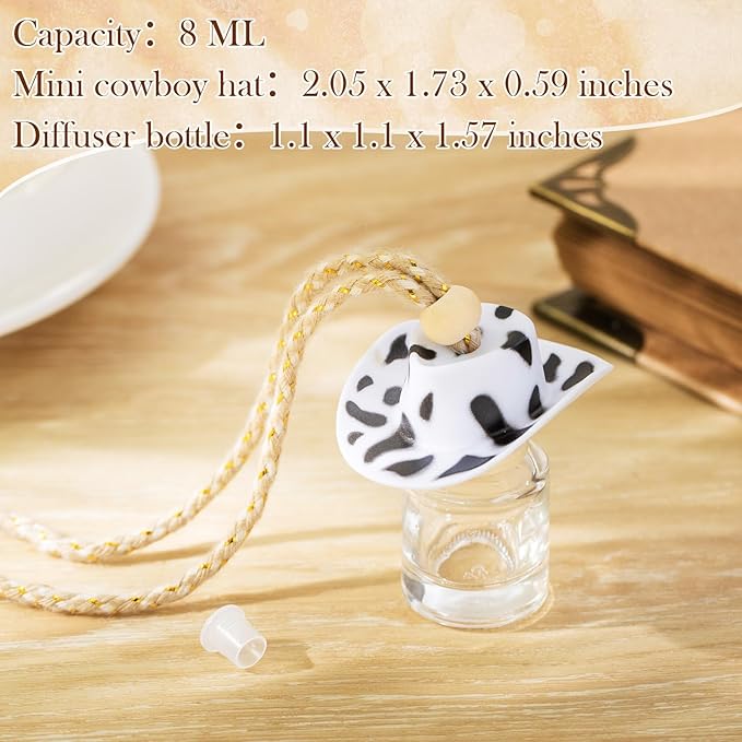 3 Pieces Cowboy Hat Car Air Freshener Hanging Cow Print Diffuser Bottles Western Country Refillable Empty Glass Perfume Bottle Car Interior Rear View Mirror Accessories (White, Spots, Pink)
