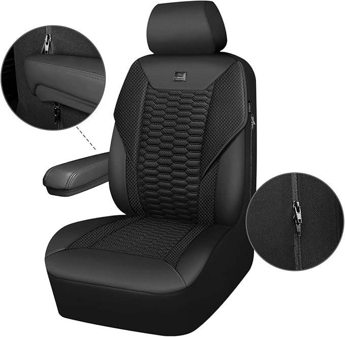 CAR PASS 3D Foam Mesh Leather Car Seat Covers Full Set,Breathable Mesh Faux Leather Seat Covers for Car,Universal Fit for SUV Truck Sedan Automotive, Armrest Airbag Compatible,Black