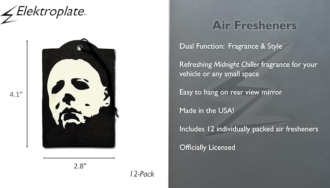 Elektroplate Officially Licensed Michael Myers Halloween Automotive Air Fresheners for Vehicles | Midnight Chiller Scent (12-Pack) | Made in the USA