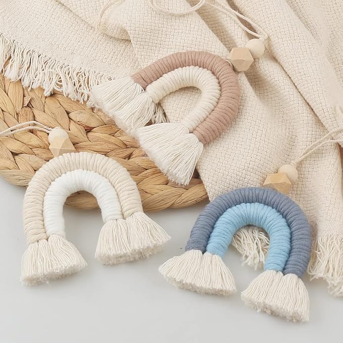 Macrame Rainbow Charm Boho Felt Ball Wood Bead Essential Oils Diffuser Interior Decor Handmade Car Accessories Colorful Hanging Air Freshener Decor(Beige)