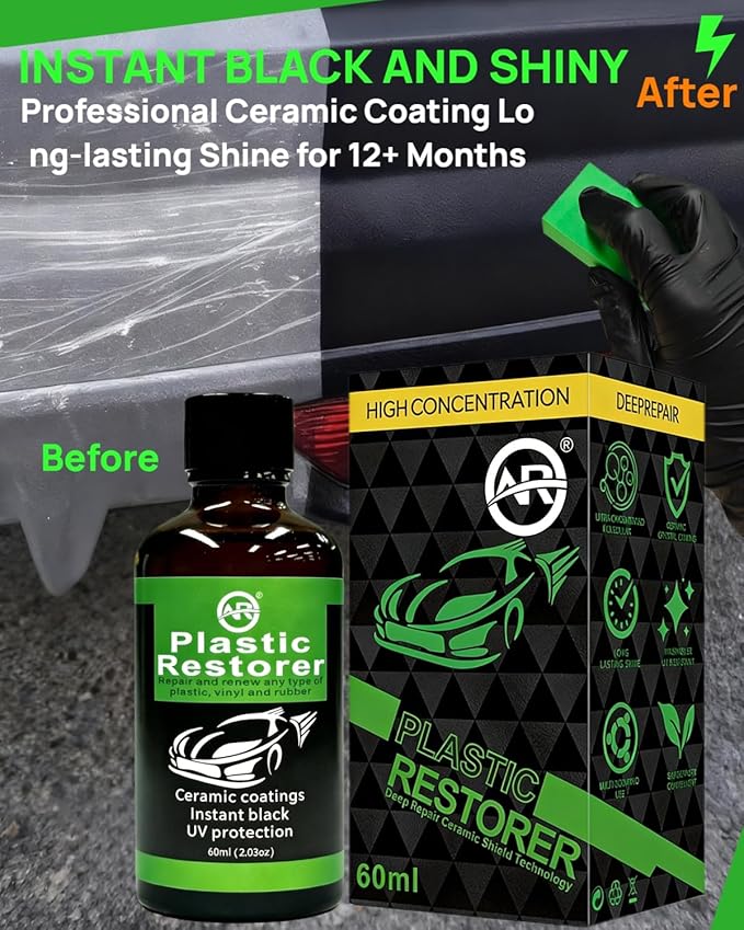 Plastic Restorer for Cars, 60ML Black Trim Restorer, Back to Black Plastic Restorer, High Concentration Ceramic Crystal Hydrophobic Coating Lasting Shine Up to 12 Months+ & UV Protection & Deep Repair