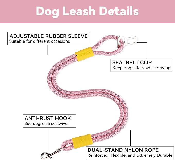 2-in-1 Dog Car Seatbelt Leash & Walking Lead - Heavy Duty 70CM Nylon Rope Leash with Secure Vehicle Buckle for Small Medium Large Dogs, for Travel, Walking, Training