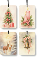 Pink Christmas Berry Car Air Freshener 4 Pcs, Coquette Pink Bow Xmas Tree Candle Reindeer Bell Hanging Air Freshener for Cars Closet Drawer Books, Girly Car Accessories Mirror Decor for Women
