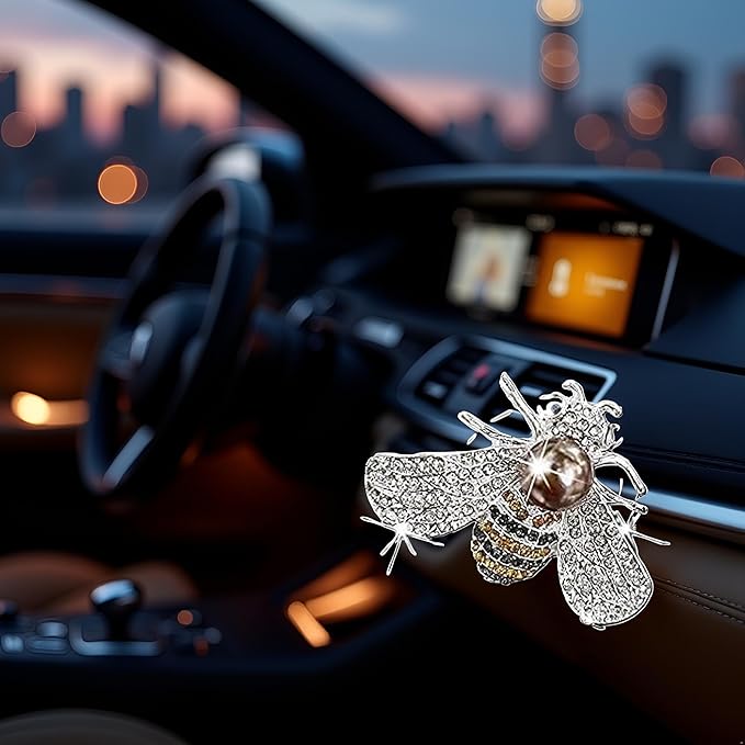 Silver Shiny Bee Vent Clips, Crystal Bee Car Air Freshener Vent Clip Car Bling Interior Decoration Rhinestone Cars Bling Accessories Aroma Diffusers