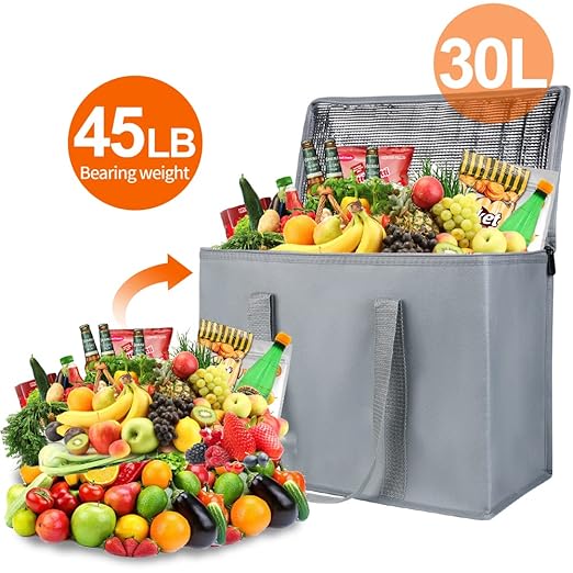 Bodaon 4-Pack Insulated Reusable Grocery Shopping Bags, X-Large Picnic Cooler Bag Top Cold, Insulated Food/Pizza Delivery Bag, Grey