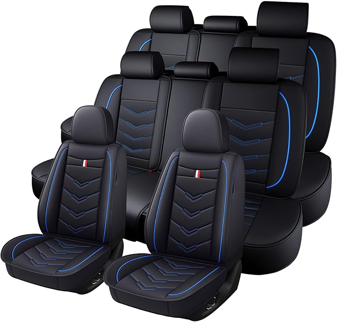 Car Seat Cover 8 Seats for Toyota Highlander 2001-2025, Waterproof Durable Premium Leather Car Seat Protector, Comfortable Anti-Slip Stylish Sport Seat Cover(8 Seats Standard,Black Blue)
