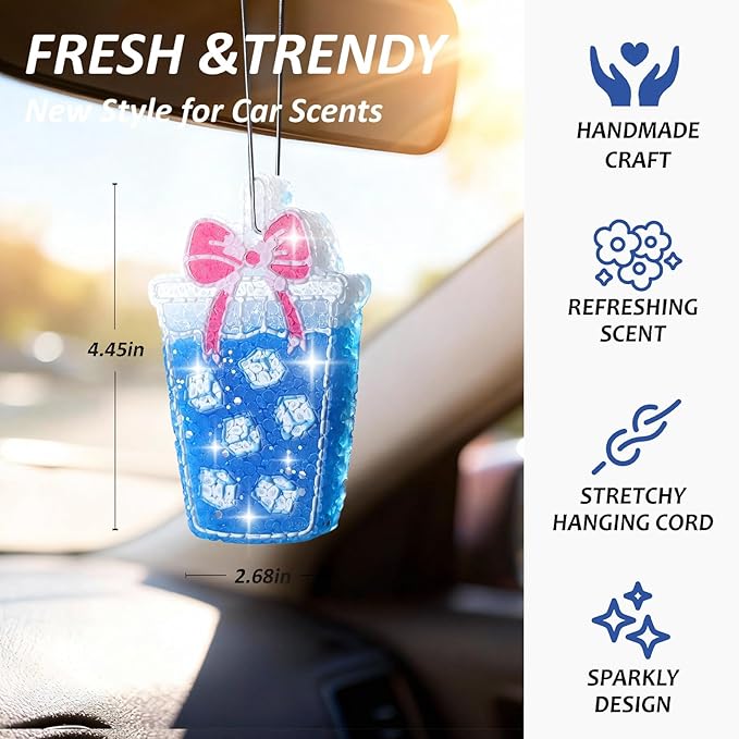 MUBYOK Handmade Car Air Freshener, Cute Christmas Gift Car Accessories for Women Girls, Glitter Hanging Air Freshie for Car Closet Bathroom Decor, Blue Coffee Cup