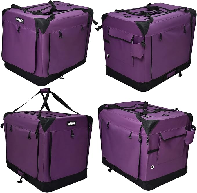 EliteField 4-Door Folding Soft Dog Crate with Curtains, Carrying Bag and Fleece Bed (2 Year Warranty), Indoor & Outdoor Pet Home (30" L x 21" W x 24" H, Purple+4 Door Curtains)