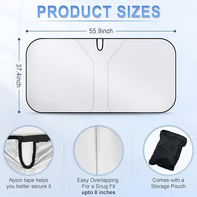 SINGARO 300T Universal Car Windshield Sun Shade, Foldable Reflective for Windshield & Window Shades with Overlapping Design, Car Interior Accessories (57" L x 36.2" W)