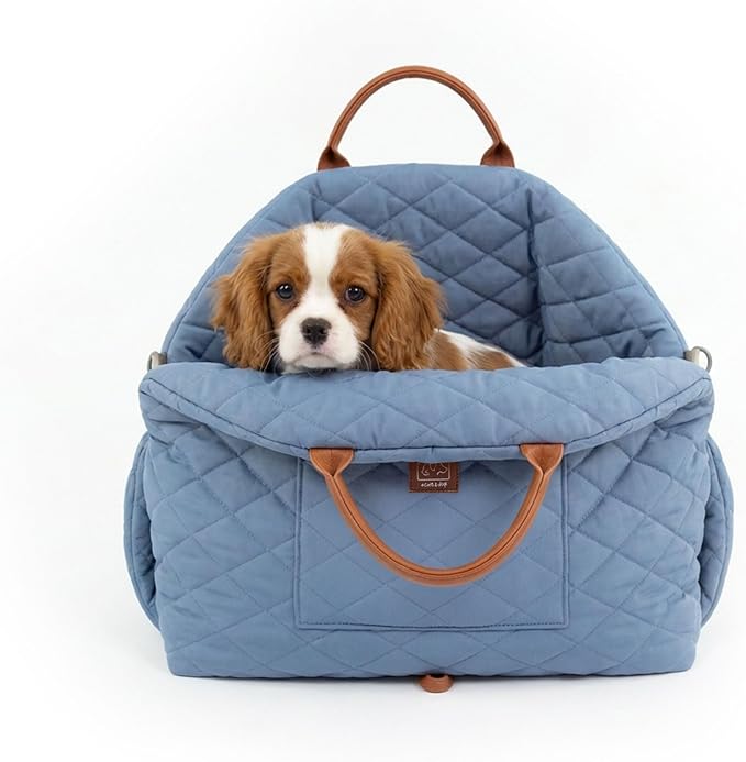 4 Cats & Dogs Mew Mew Travel Pet Bed – Soft Carrier for Small Dogs & Cats, Water-Resistant Quilted Shell, Adjustable Belts for Car Travel, Anti-Slip Bottom, Portable Pet Bed & Travel Bag - Blue Steel