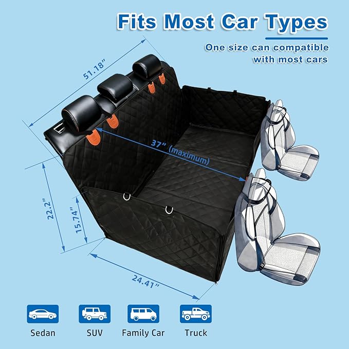 Hard Bottom Car Seat Cover for Dogs - 40% More Activity Space, Functions as Hammock and Flat Platform, Waterproof & Odorless, Non-Slip for Large Dogs, Fits Most Cars, Trucks, SUVs