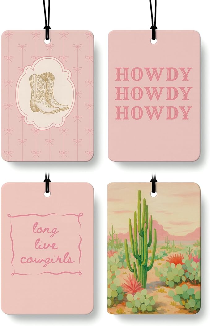 Pink Western Car Air Freshener 4 Pcs Coconut Scented, Long Live Cowgirls Boots Cactus Car Accessories Mirror Decor for Women, Western Hanging Air Freshener for Cars Closet Drawer Books