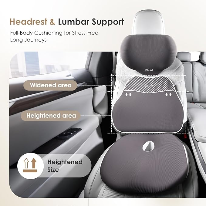 FLORICH Car Seat Cushion & Lumbar Support Pillow & Car Neck Pillow, Ergonomic Memory Foam Driving Seat Cushion for Back & Sciatica Pain Relief, Non-Slip Washable Cushion for Car, Driver, Office-Gray
