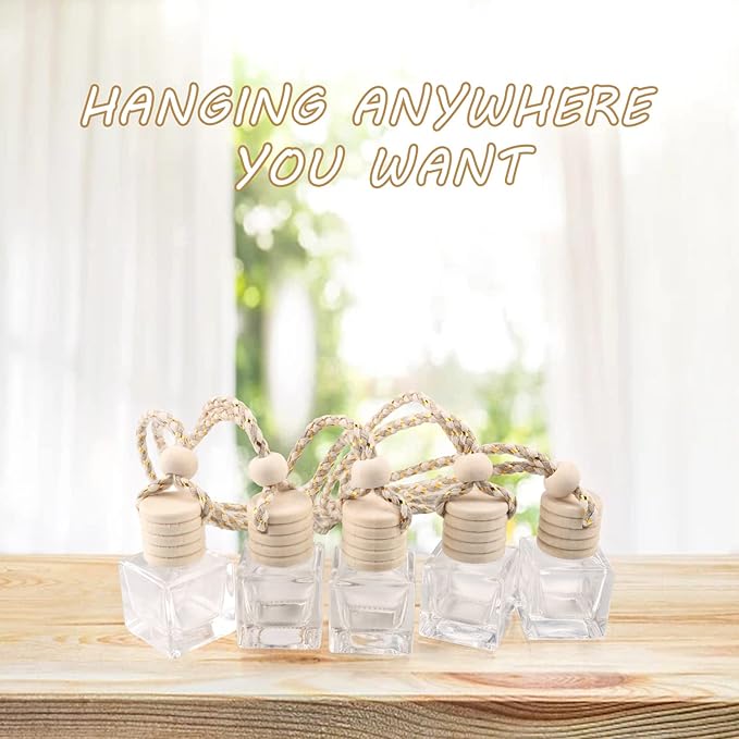 20 Pcs Car Air Freshener Diffuser, Empty Refillable Clear Square Glass Essential Oil Hanging Decor Aromatherapy Fragrance Pendant Vials With Wooden Caps & String