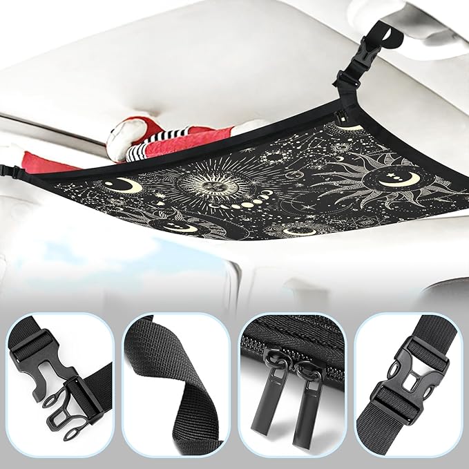 Planet Car Ceiling Cargo Net Pocket Hanging Storage Bag with Zipper 31.5"x21.6" Double-Layer Mesh Car Roof Storage Organizer Long Road Trip Truck SUV Travel Camping