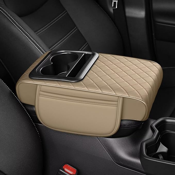 Center Console Cover Fit for Corolla Faux Leather Car Armrest Cushion with Storage Bags, Cup Holder ＆ Phone Storage Multifunctional Middle Console Cover(Beige)