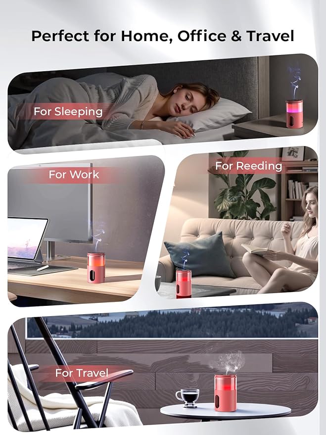 Waterless Diffuser for Essential Oil: Mini Battery Scent Diffuser for Room&Home&Car with 9 Colors LED Light - Aroma Cool Mist Machine Bright Red