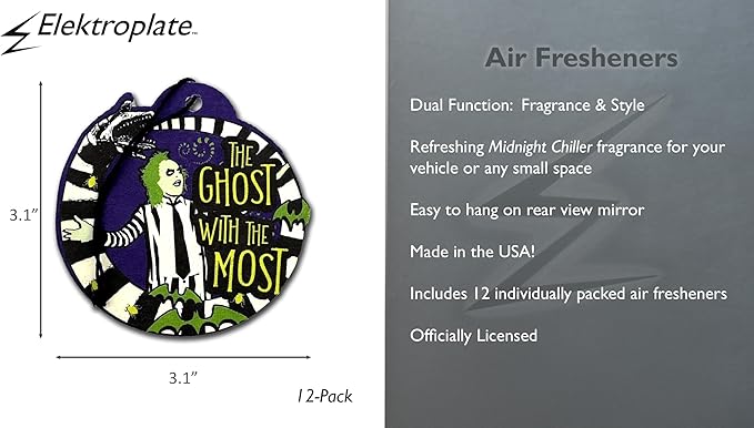 Elektroplate Officially Licensed Beetlejuice Ghost with the Most Automotive Air Fresheners for Vehicles | Midnight Chiller Scent (12-Pack) | Made in the USA