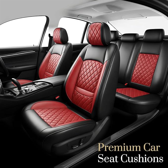 Santa Fe Seat Covers Custom Fit for Hyundai Santa Fe 2007-2026 (Only 5-Seat Version) - Full Set Premium Leather, Waterproof, All-Weather, Airbag Compatible, Car Seat Protectors (Red)