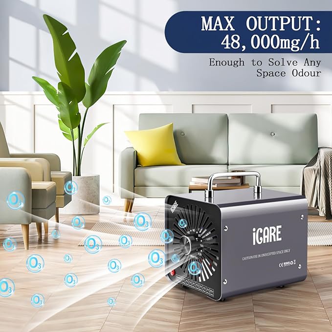 Ozone Generator, 48,000mg/h Commercial Ozone Machine Odor Removal, High Capacity O3 Odor Eliminator Deodorizer with 120Min Timer for Home, Pet, Smoke, Car, Basements for 4000 Square Feet Grey