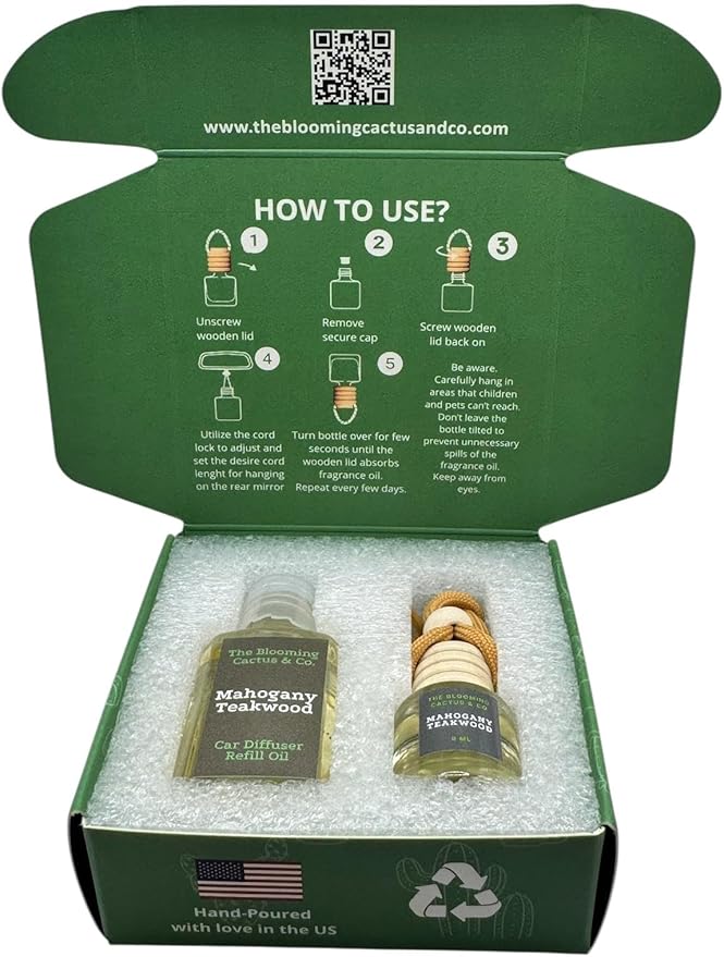 Car Air Freshener with 30ml Refill – Hanging Car Diffuser Oil, Long-Lasting Phthalate-Free Scent – Hanging Car Air Freshener + Refill. (Mahogany Teakwood, 8 ml)